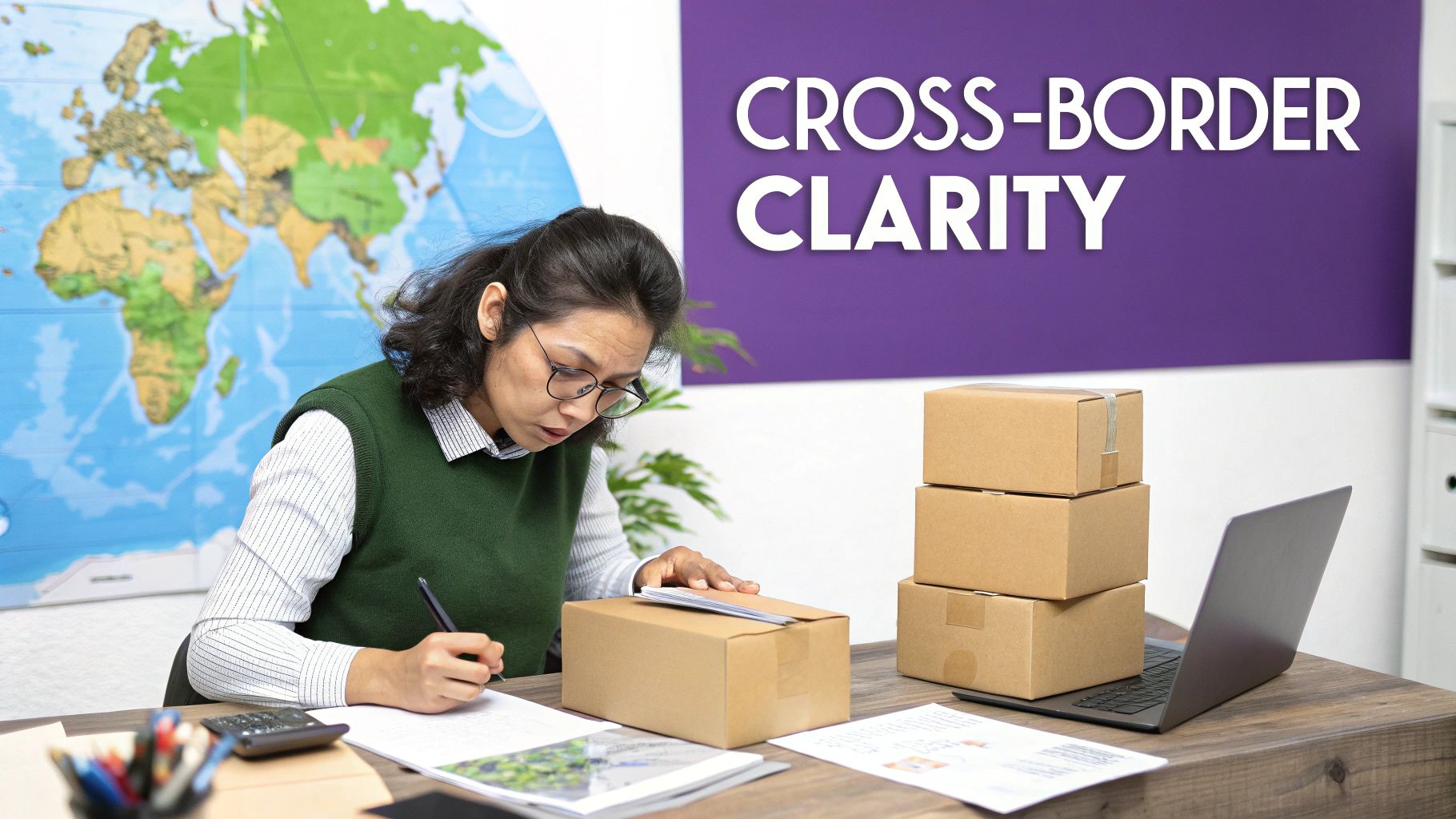 An Asian woman processes cross-border shipping documents, writing at a desk with packages and a global map.