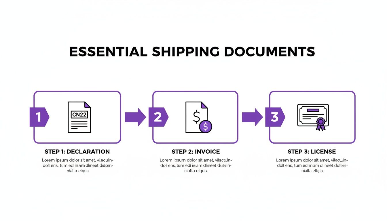 Infographic showing three essential shipping documents: a declaration (CN22), an invoice, and a license.