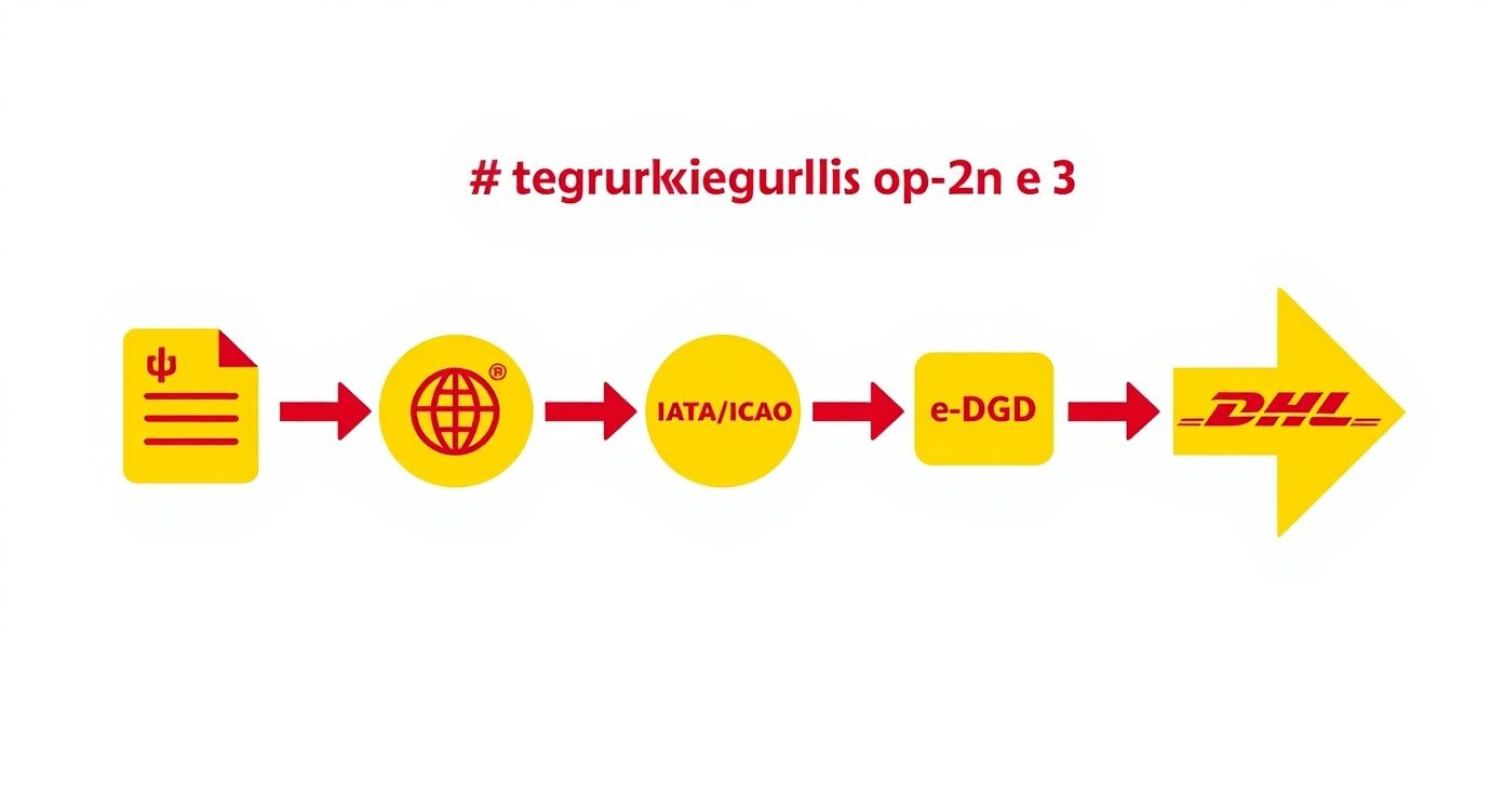 Workflow diagram showing the process of electronic dangerous goods declarations through IATA/ICAO to DHL.