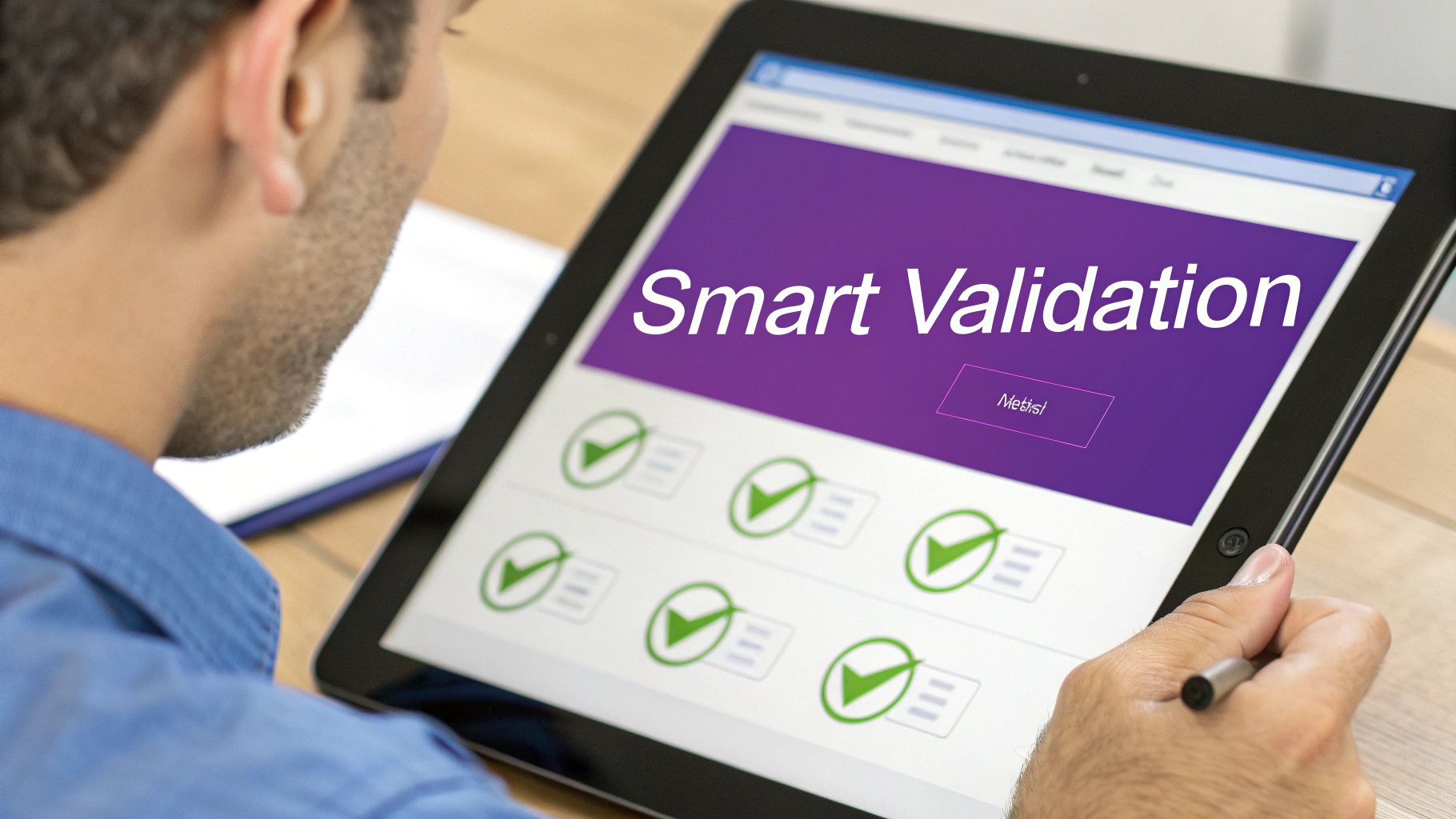 A person uses a tablet displaying "Smart Validation" with multiple green checkmarks, indicating successful processes.