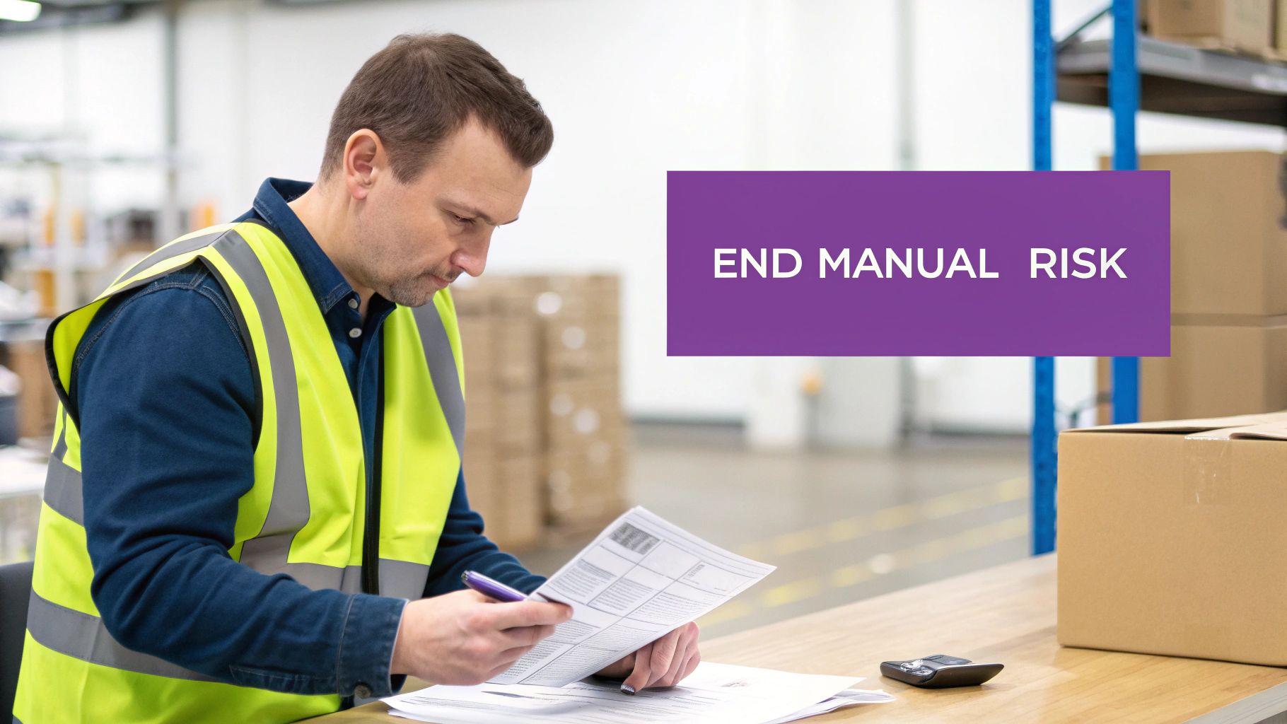 Man in a high-visibility vest checking documents in a warehouse, with a banner 'END MANUAL RISK'.