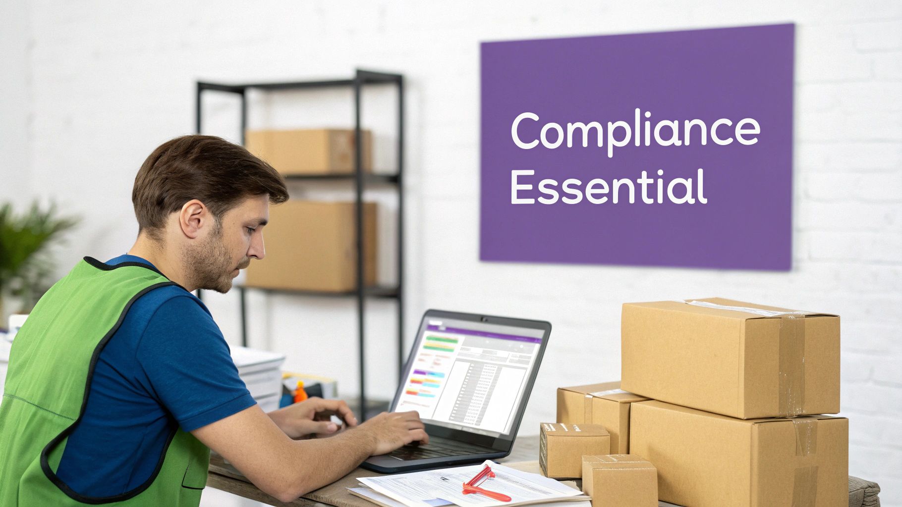 A man in a green vest works on a laptop at a desk with packages, under a 'Compliance Essential' sign.