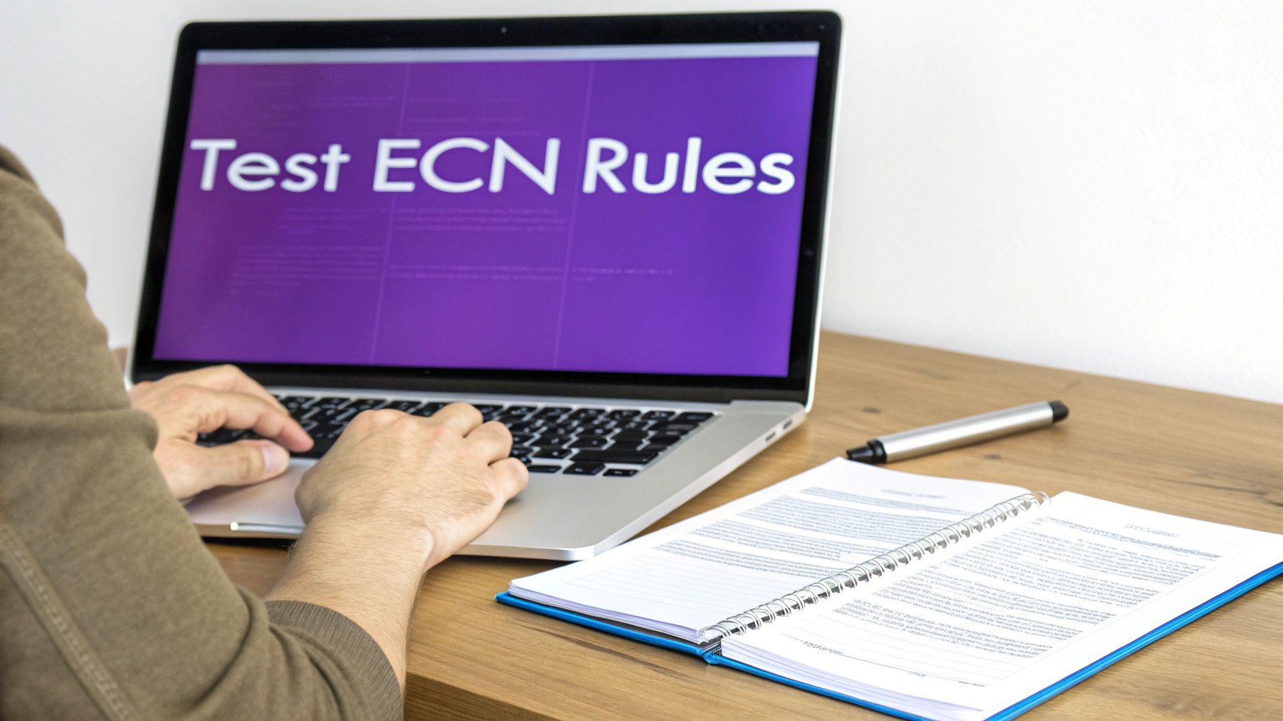 A person types on a laptop displaying 'Test ECN Rules' on a purple screen, with a notebook and pen.