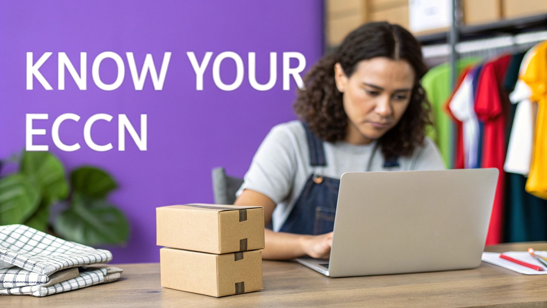 A woman works on a laptop at a desk with boxes, with 'KNOW YOUR ECCN' on a purple wall.