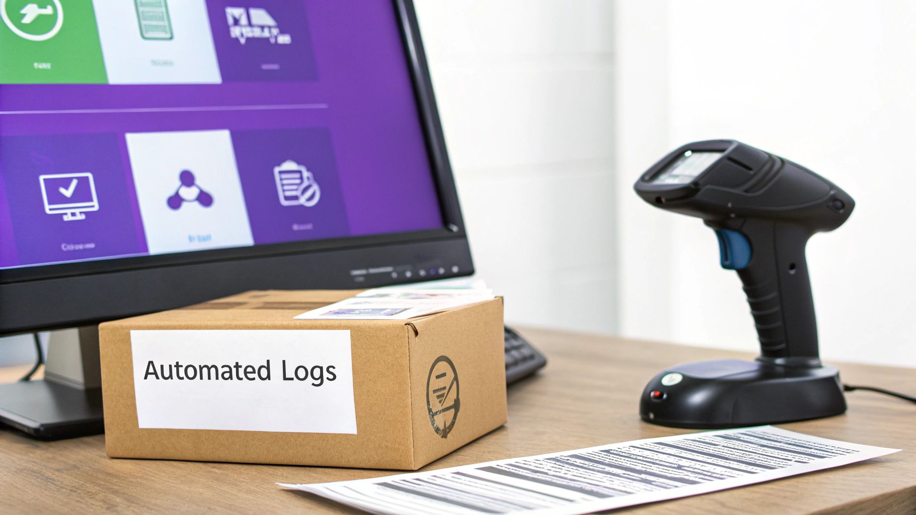A desk with a monitor displaying software, a box of automated logs, and a barcode scanner.
