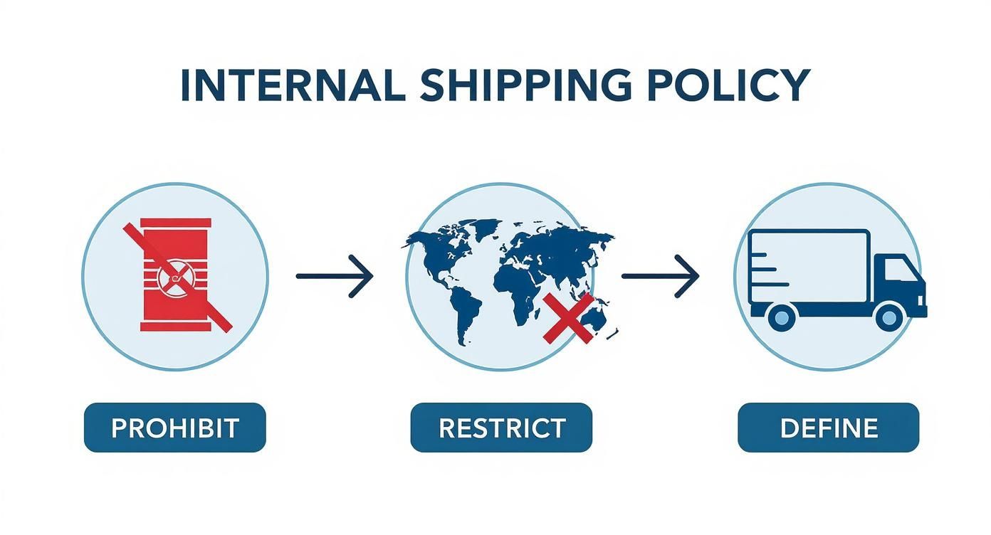 Flowchart showing internal shipping policy steps: prohibiting dangerous goods, restricting destinations, and defining shipments.