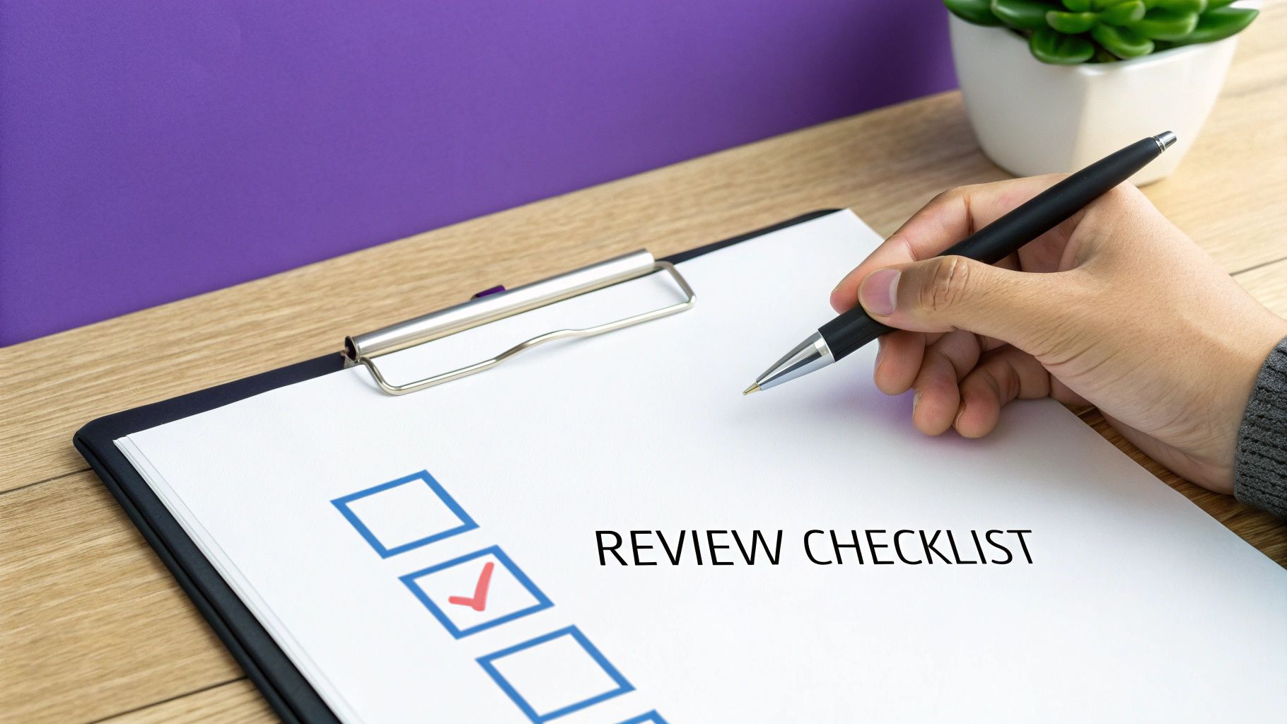 A hand holding a pen checks a box on a 'REVIEW CHECKLIST' document on a clipboard.