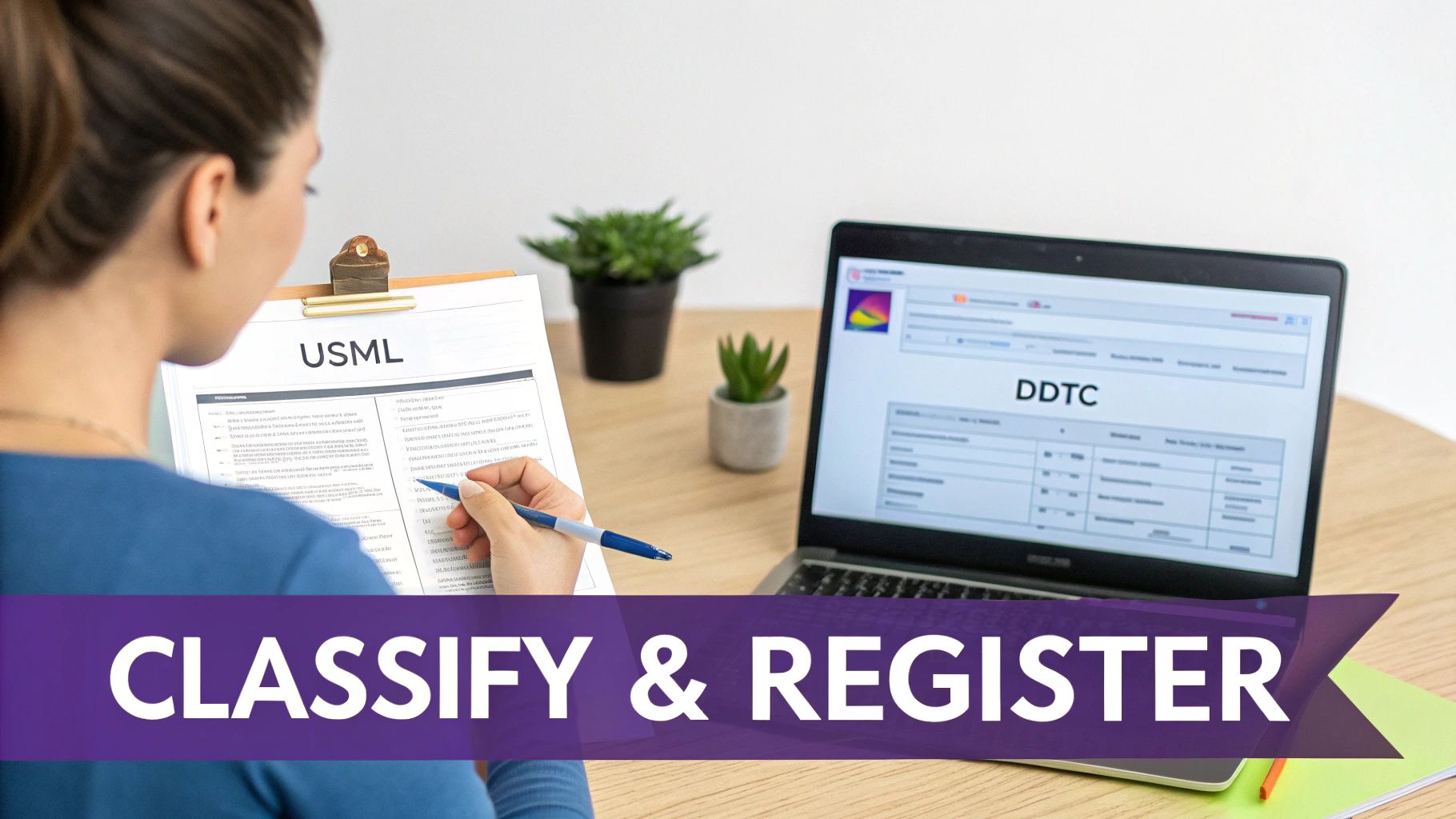 Person completing a USML form next to a laptop displaying DDTC website, classifying and registering items.