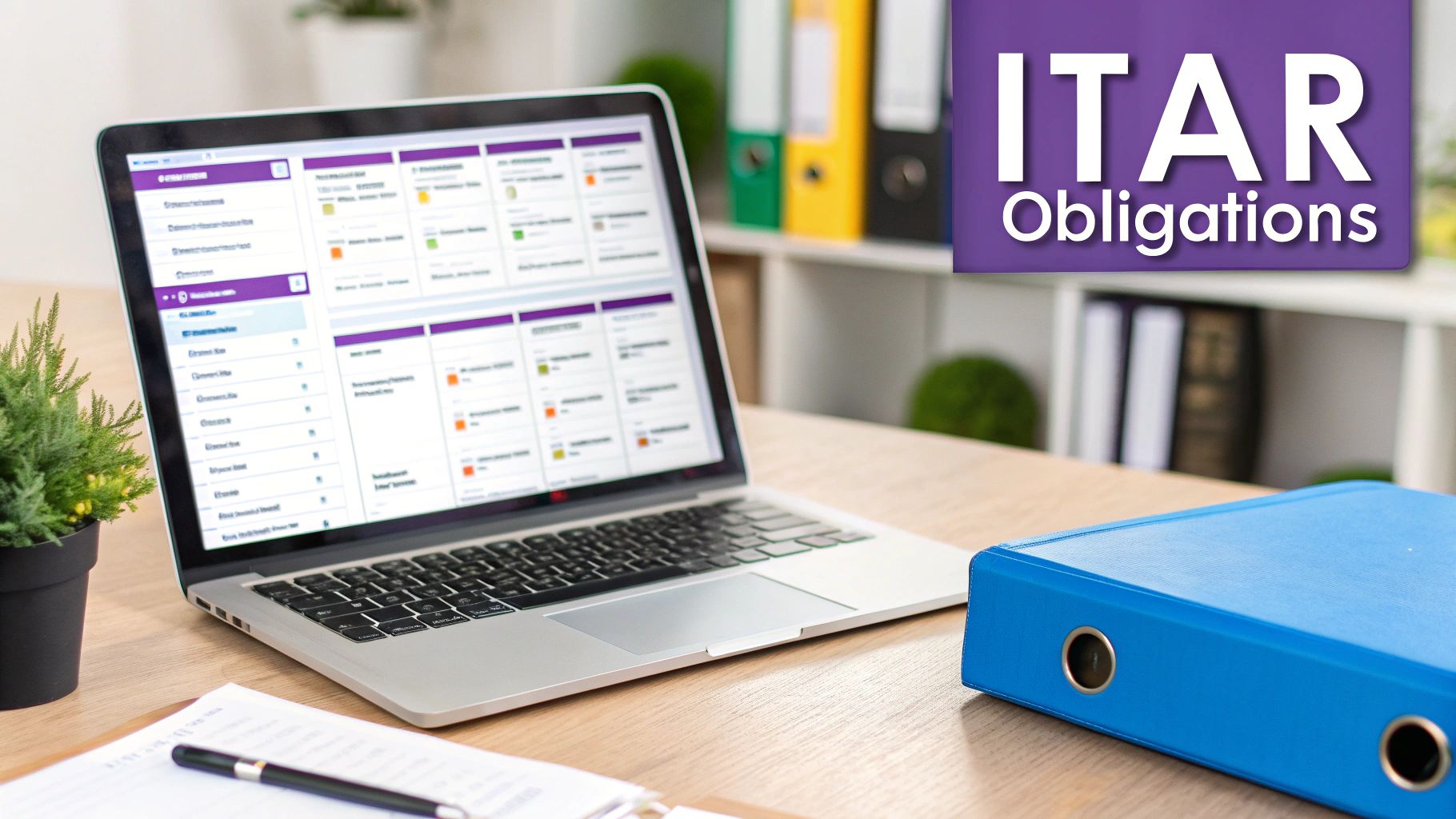 A laptop displaying a compliance dashboard, a blue binder, and text indicating "ITAR Obligations".