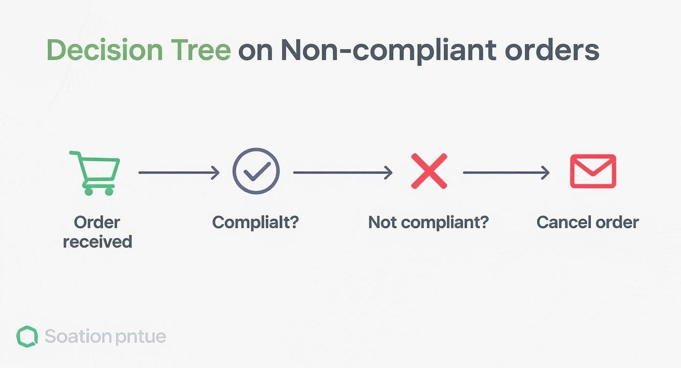 A decision tree flowchart for handling non-compliant orders, leading to cancellation if non-compliant.