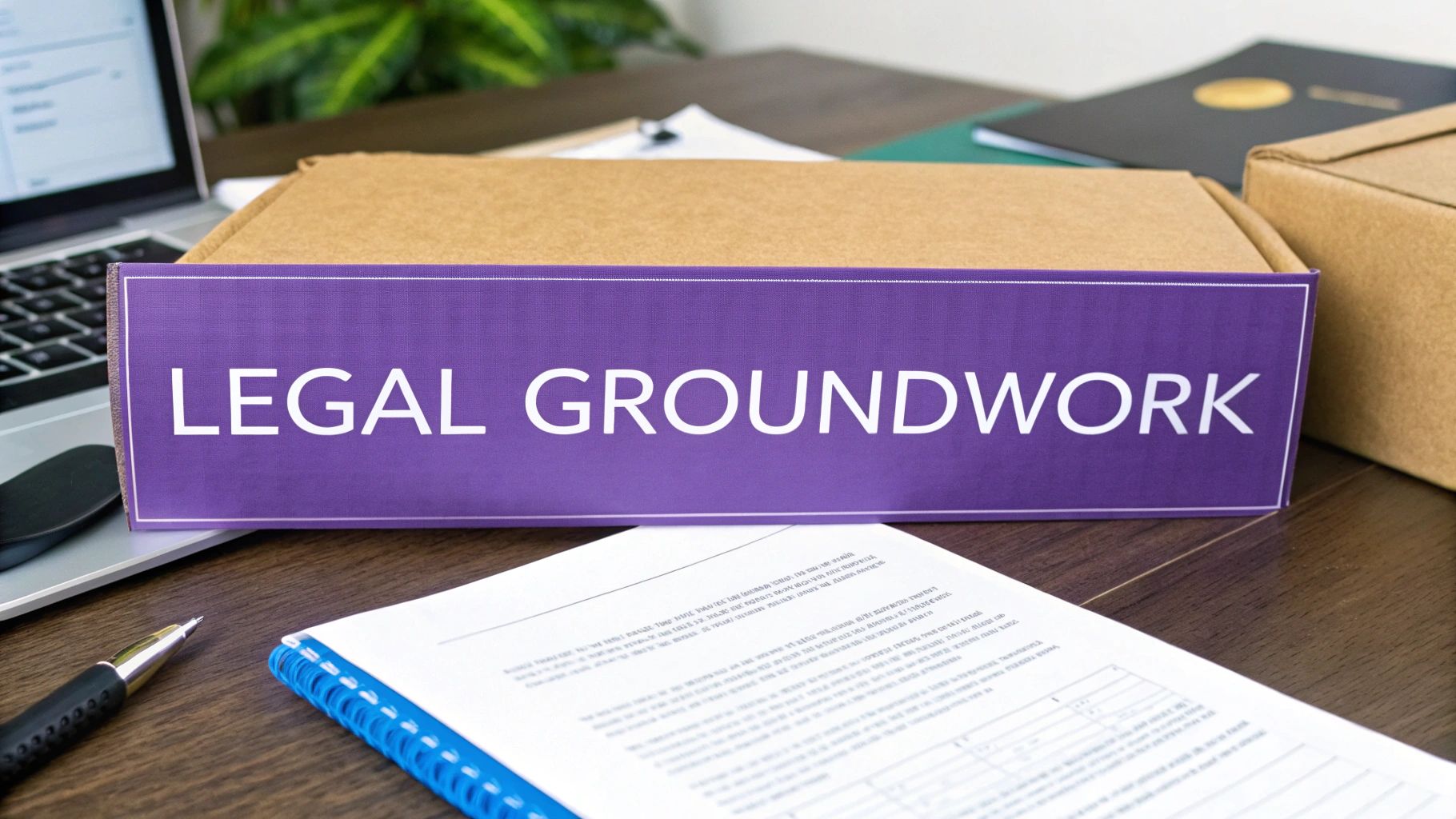 A purple box labeled "LEGAL GROUNDWORK" sits on a desk with a laptop, papers, and a pen.