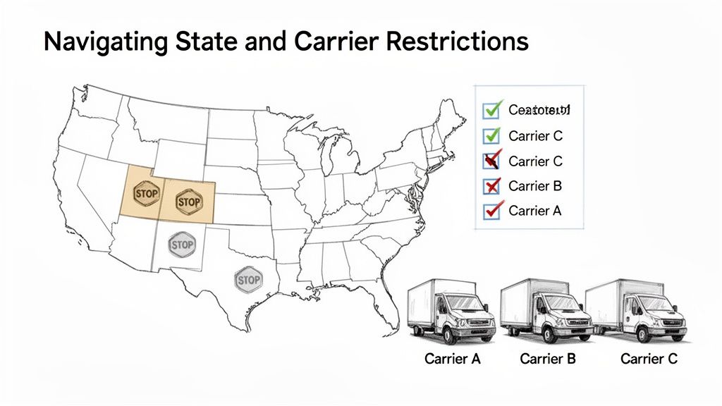 Map of USA showing states with shipping restrictions and available/unavailable delivery carriers.