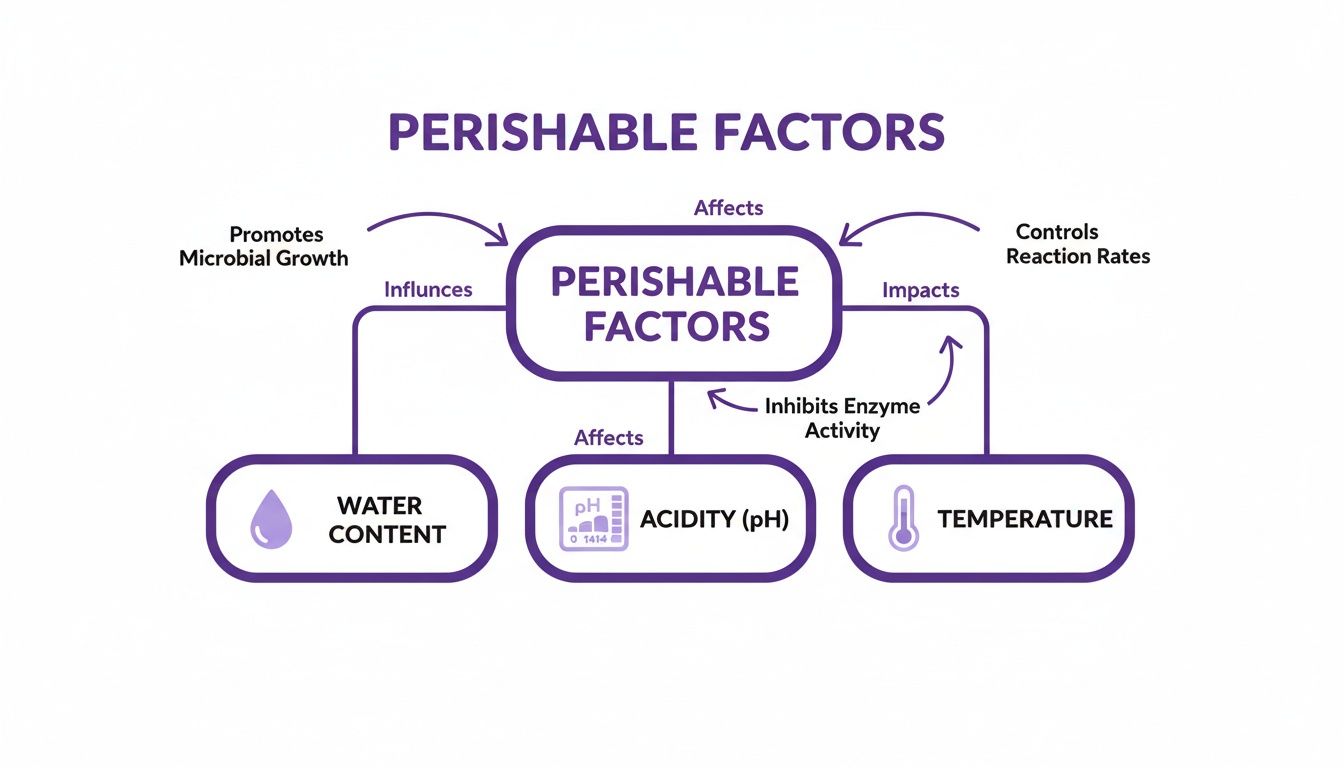 Diagram illustrating key perishable factors: water content, acidity (pH), and temperature, and their effects.