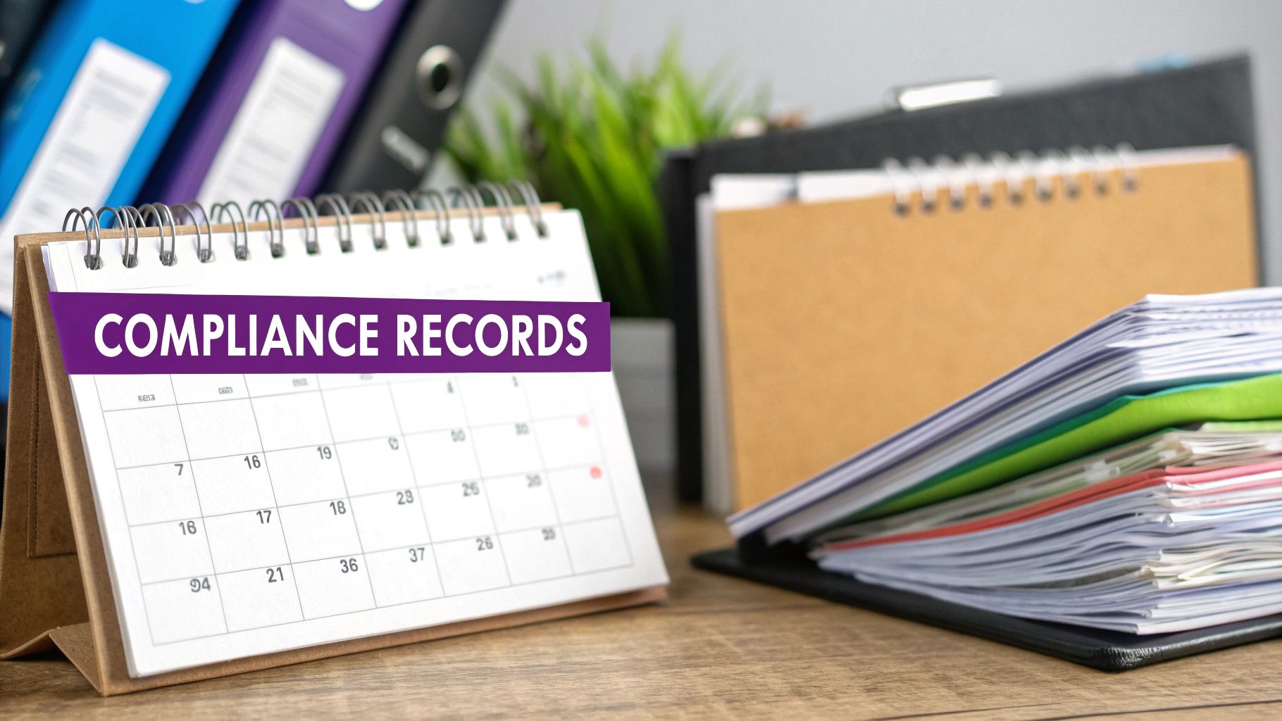 Desk calendar showing 'COMPLIANCE RECORDS' with files, binders, and documents, emphasizing regulatory management.