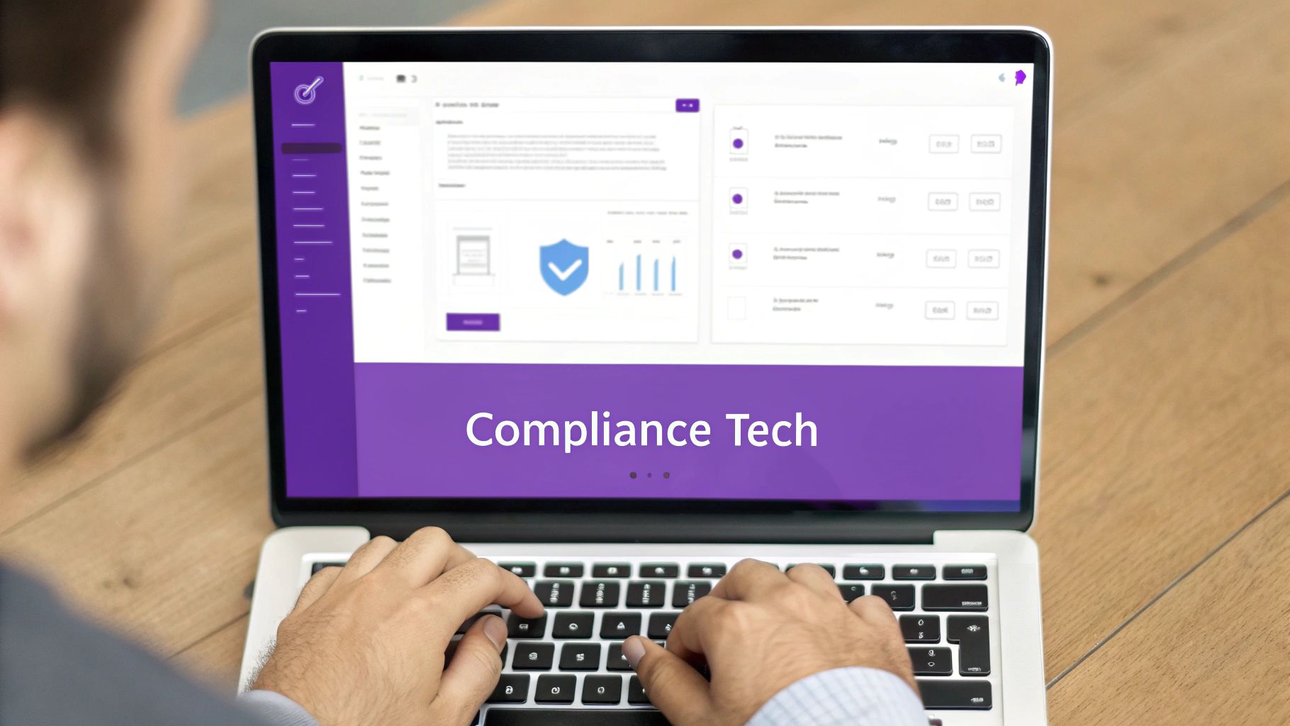A person typing on a laptop screen displaying 'Compliance Tech' software with charts and icons.