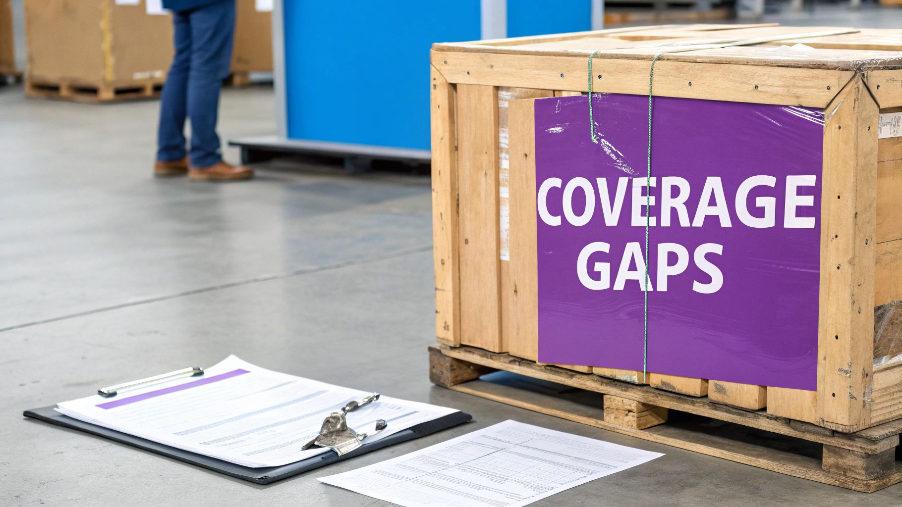A wooden crate labeled "COVERAGE GAPS" sits on a pallet in a warehouse, with documents on the floor.