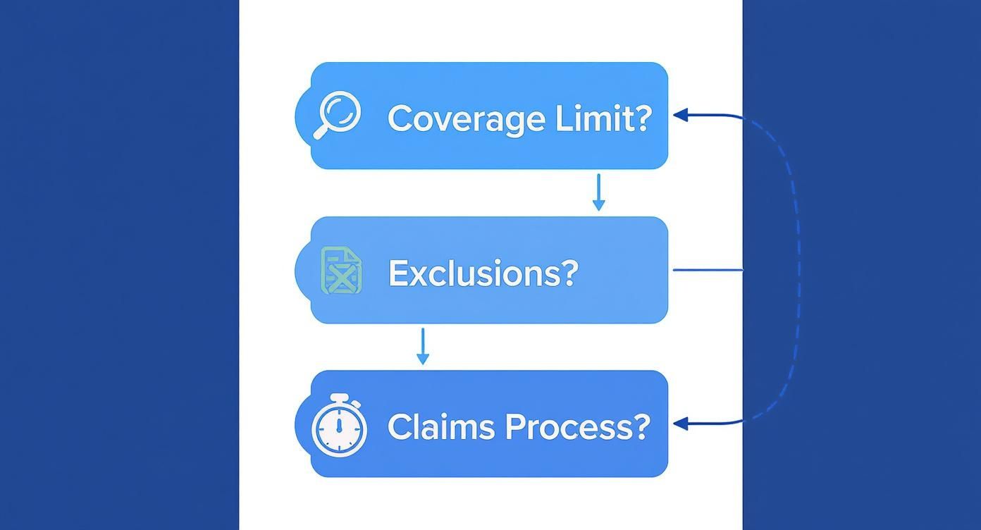 A blue flowchart illustrating three key questions for insurance: coverage limit, exclusions, and claims process.
