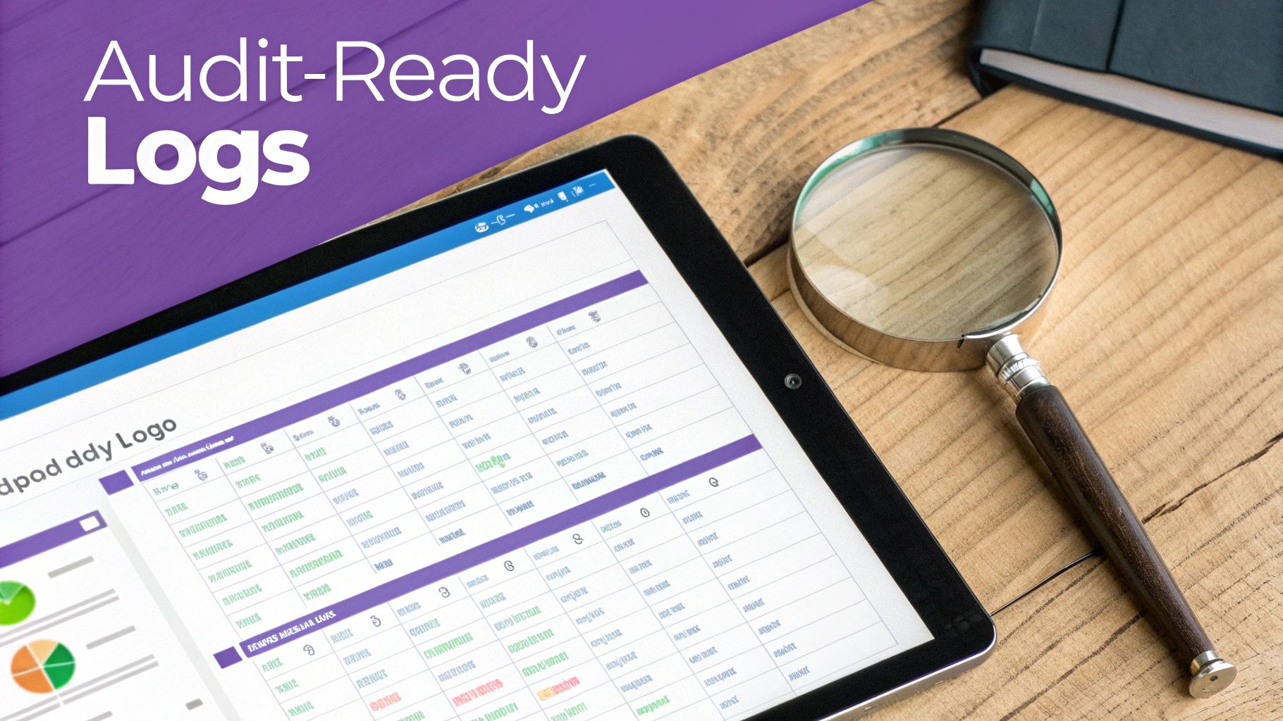 Tablet displaying audit-ready logs with a magnifying glass and a book on a wooden desk.