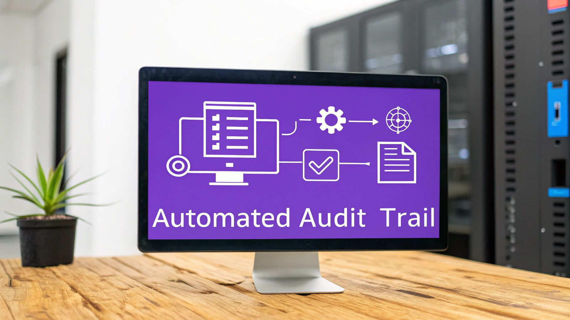 A computer monitor shows an automated audit trail diagram on a purple screen, with server equipment in background.