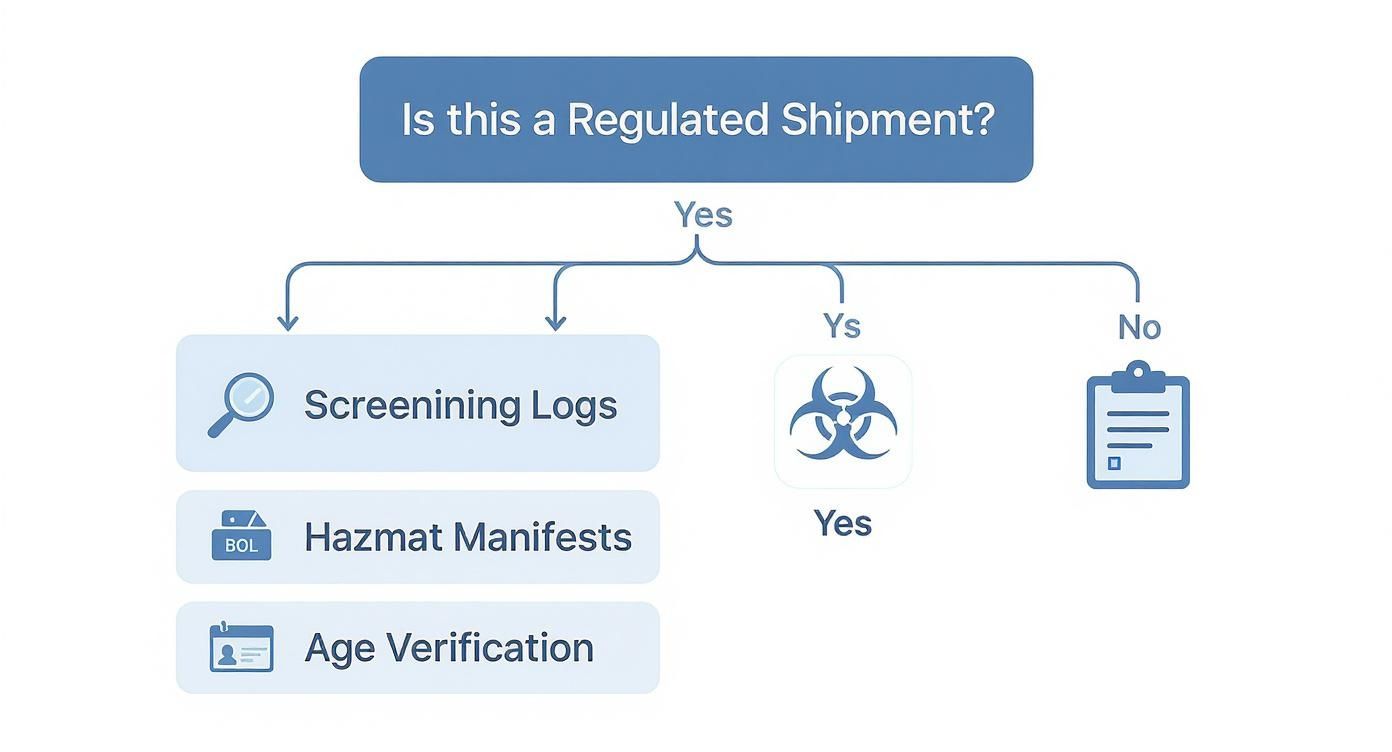 Flowchart illustrating the process for regulated shipments, including screening logs, hazmat manifests, and age verification steps.