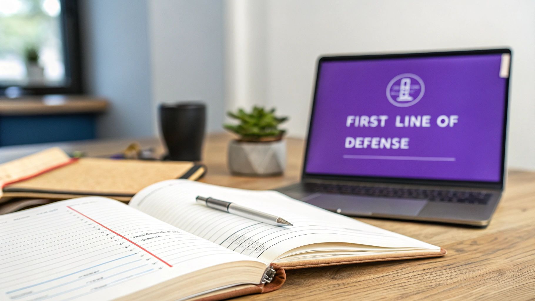 Workspace with an open planner, pen, laptop displaying "FIRST LINE OF DEFENSE" on a purple screen.