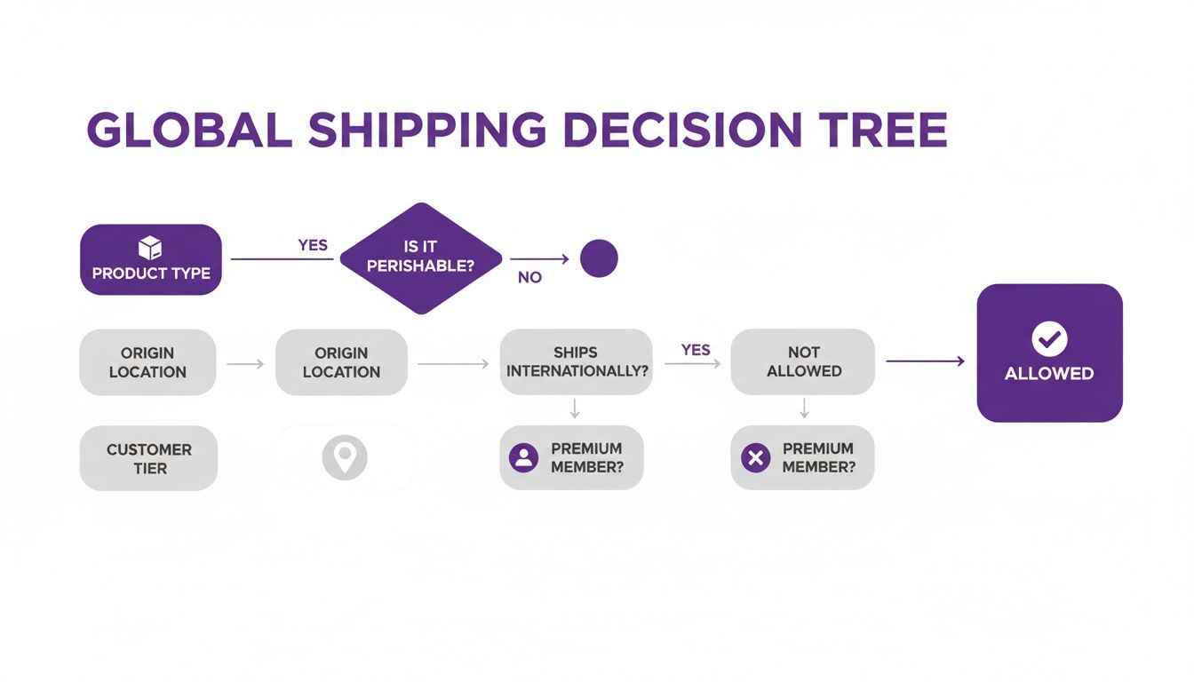 A global shipping decision tree flowchart illustrating criteria like product type, perishability, origin, and international shipping.