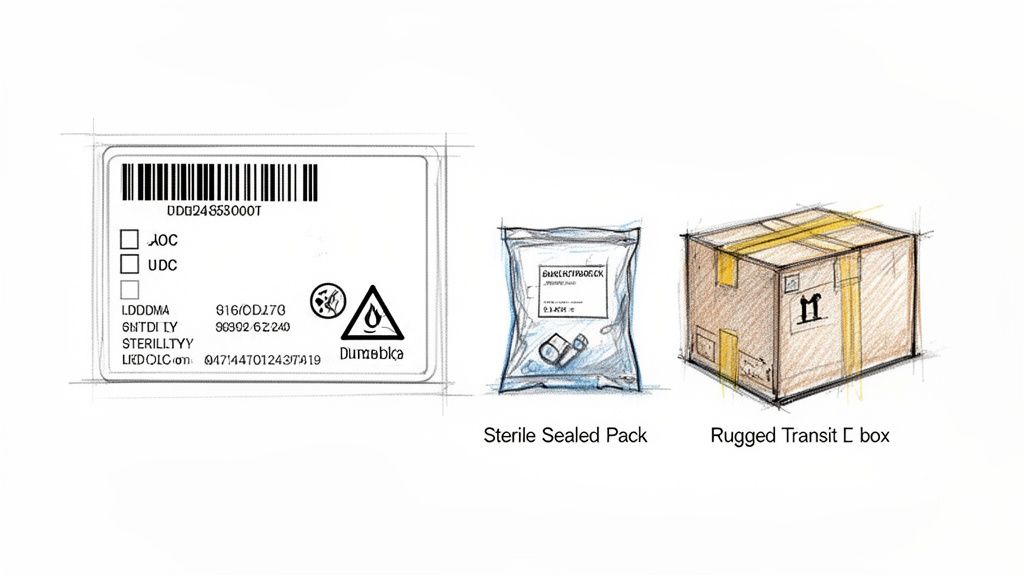 Sketches of a sterile medical device label, a sealed pack, and a rugged transit shipping box.