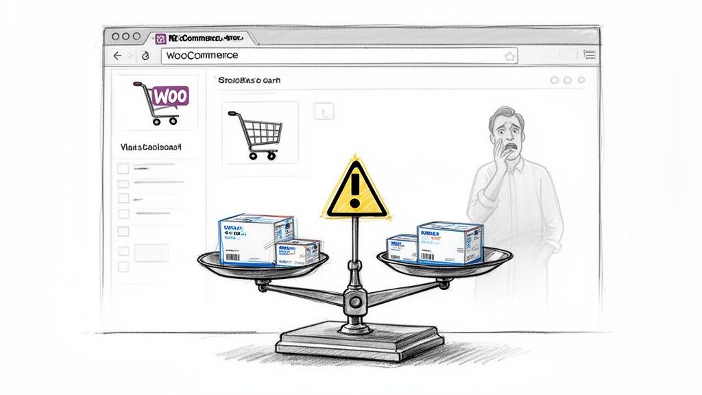 WooCommerce shipping challenge: worried man, scale with boxes, and warning sign.