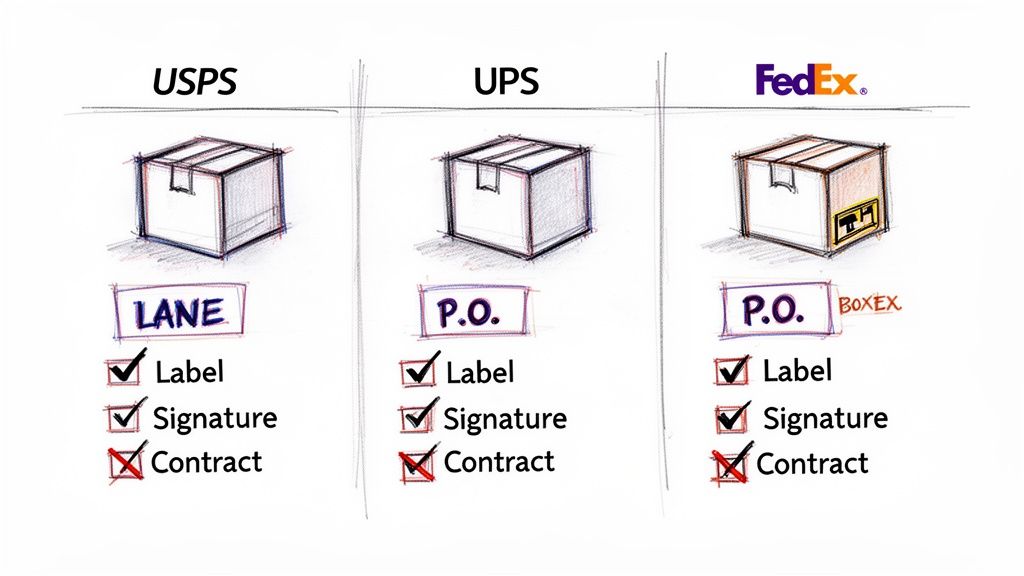 A diagram comparing shipping requirements for USPS, UPS, and FedEx, showing checks for label and signature, and crosses for contract.