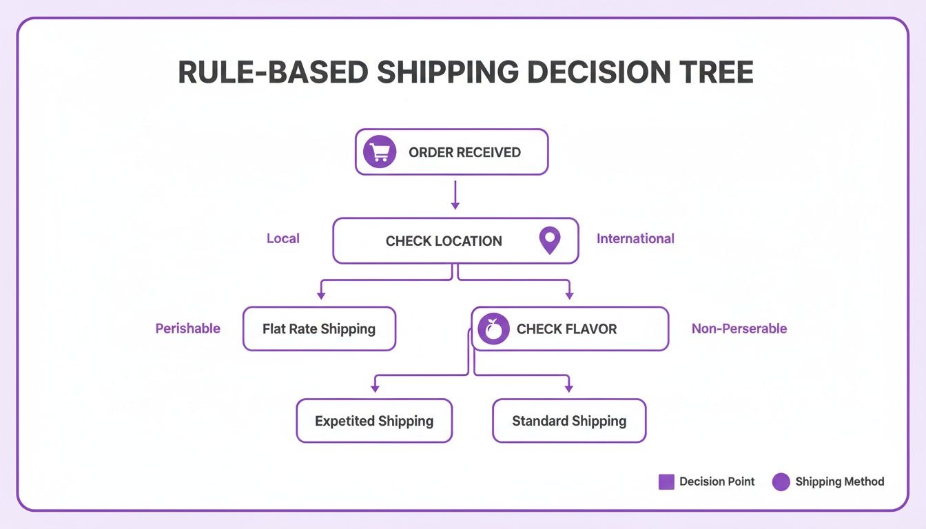 A rule-based shipping decision tree flowchart illustrating methods based on location and product type.
