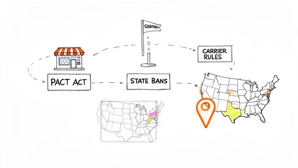 Diagram illustrating PACT Act, state bans, and carrier rules impacting shipping and distribution across US states.