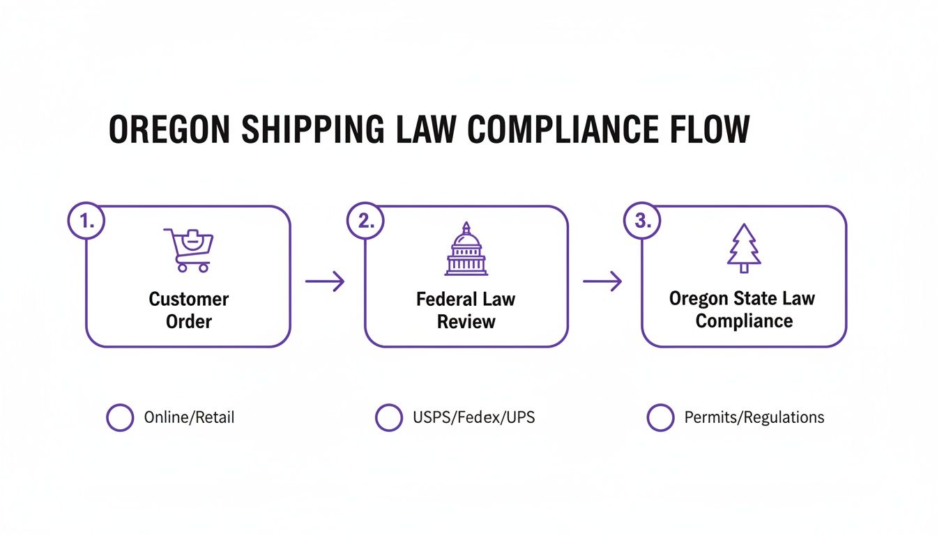 Flowchart illustrating Oregon shipping law compliance steps: customer order, federal review, and state compliance details.