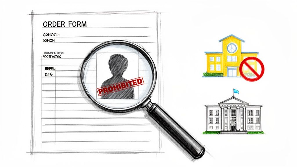 Illustration showing an order form, a prohibited person, a school with a ban symbol, and a government building.
