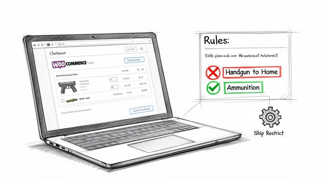 Laptop showing WooCommerce checkout for handgun and ammunition, with shipping rules indicating restrictions.