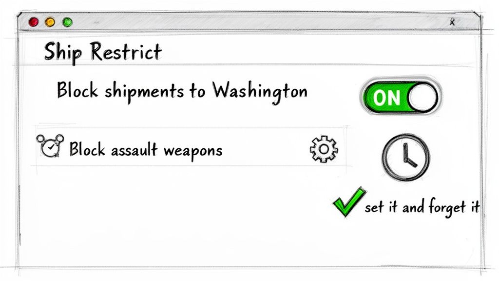 A sketch of a software window with options to block shipments to Washington and restrict assault weapons.