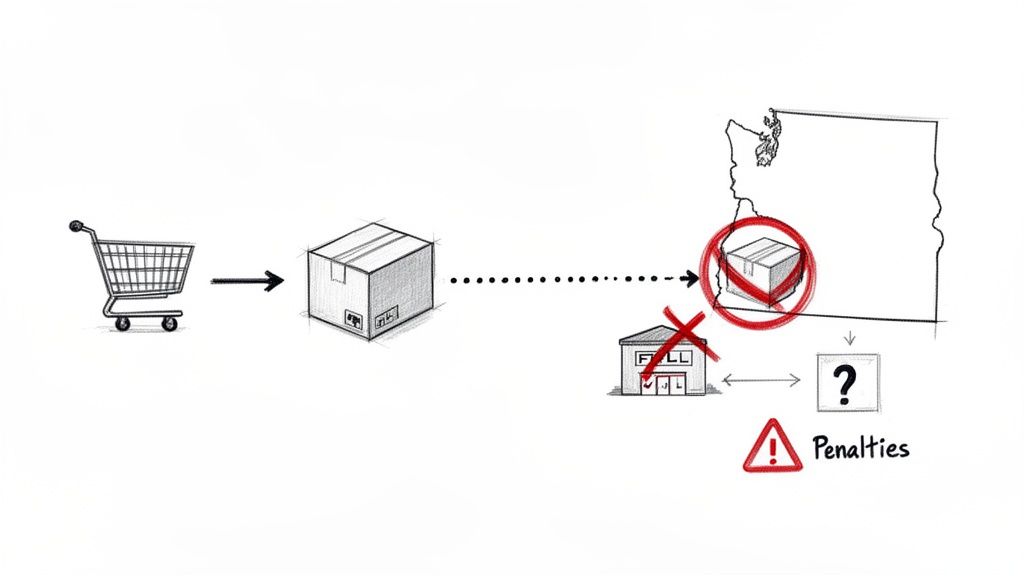Diagram illustrating a package being shipped to Washington state, facing a ban and penalties.