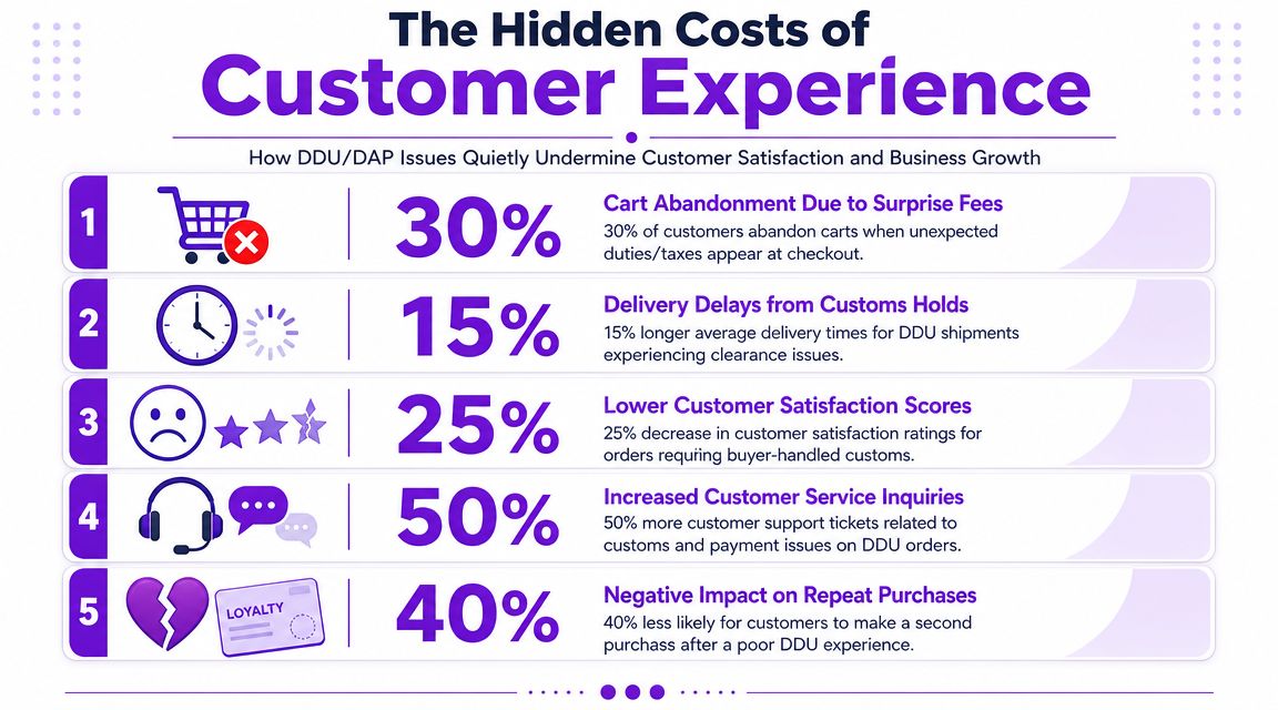 An infographic showing how DDU and DAP shipping issues negatively impact customer satisfaction and business growth.