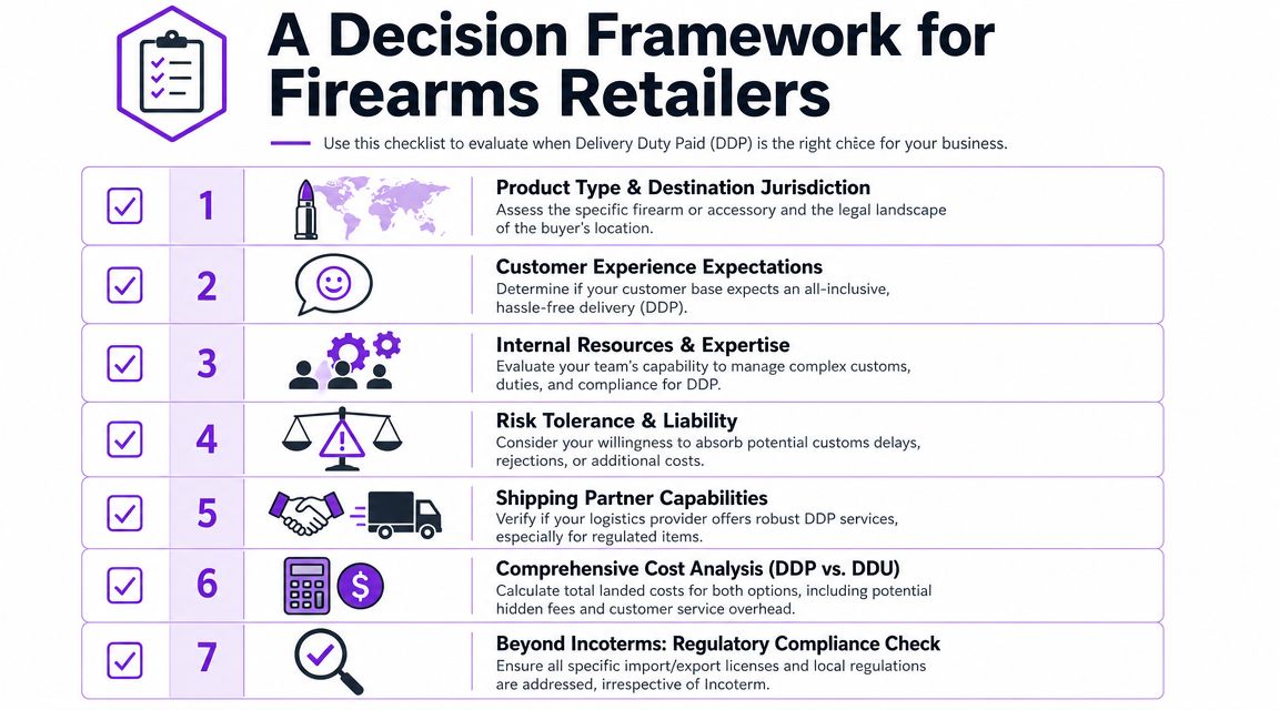 A checklist infographic illustrating seven key decision factors for firearms retailers choosing Delivery Duty Paid shipping options.