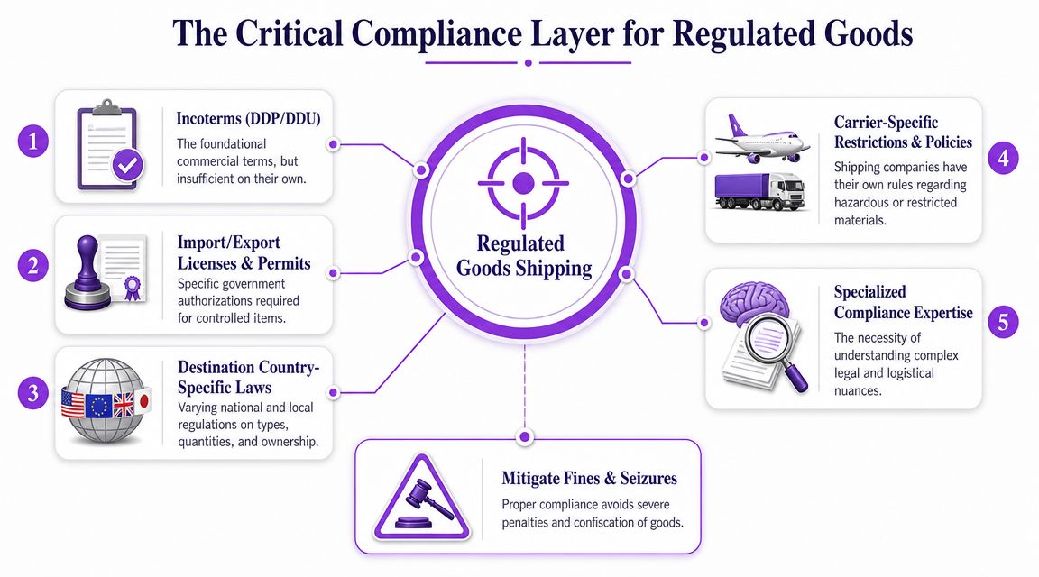 A diagram outlining the critical compliance layers required for the international shipping of regulated commercial goods.