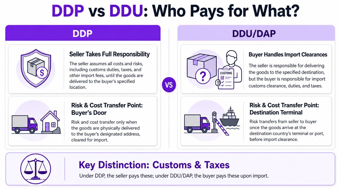 A comparison chart explaining the differences between DDP and DDU/DAP shipping terms regarding seller and buyer responsibilities.