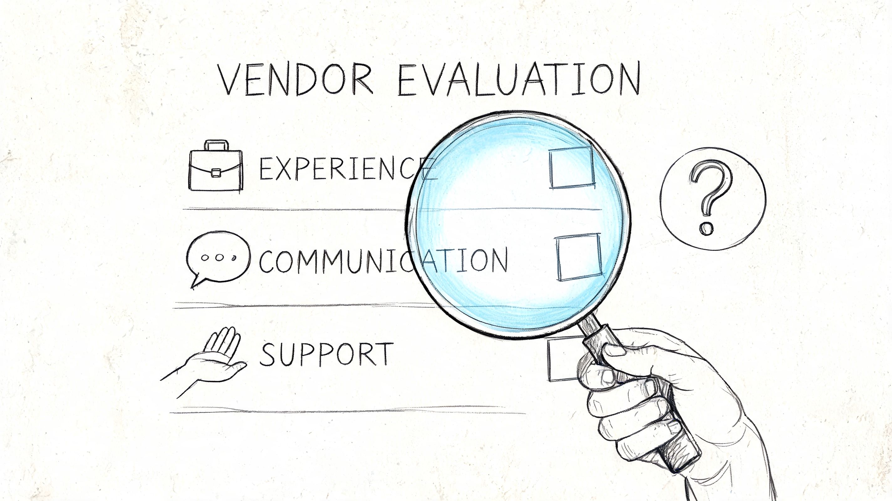 A hand holding a magnifying glass over a hand-drawn vendor evaluation checklist featuring experience, communication, and support.