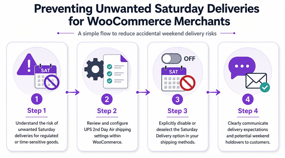 A four step guide for WooCommerce merchants on how to disable unwanted Saturday UPS deliveries for customers.