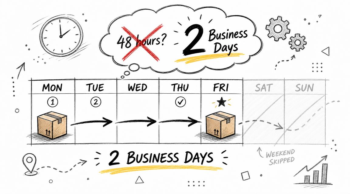 A hand-drawn illustration showing 2 business days as Monday to Friday excluding weekends for shipping.