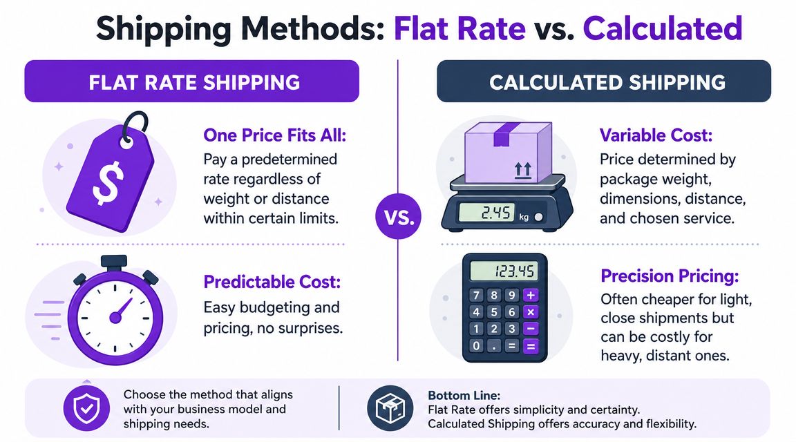 An infographic comparing flat rate shipping and calculated shipping methods for e-commerce businesses and logistics.