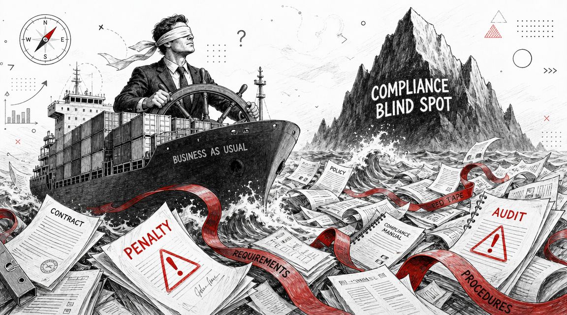 A blindfolded captain steering a ship labeled business as usual toward a dangerous compliance blind spot mountain.
