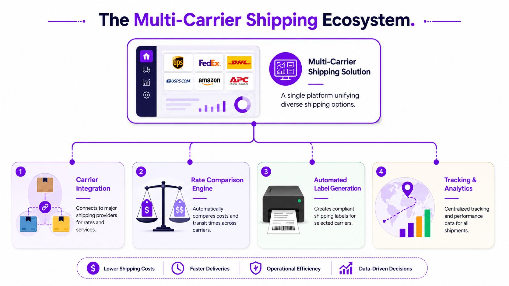 A diagram illustrating a multi-carrier shipping ecosystem with integrated logistics, label generation, and analytics features.
