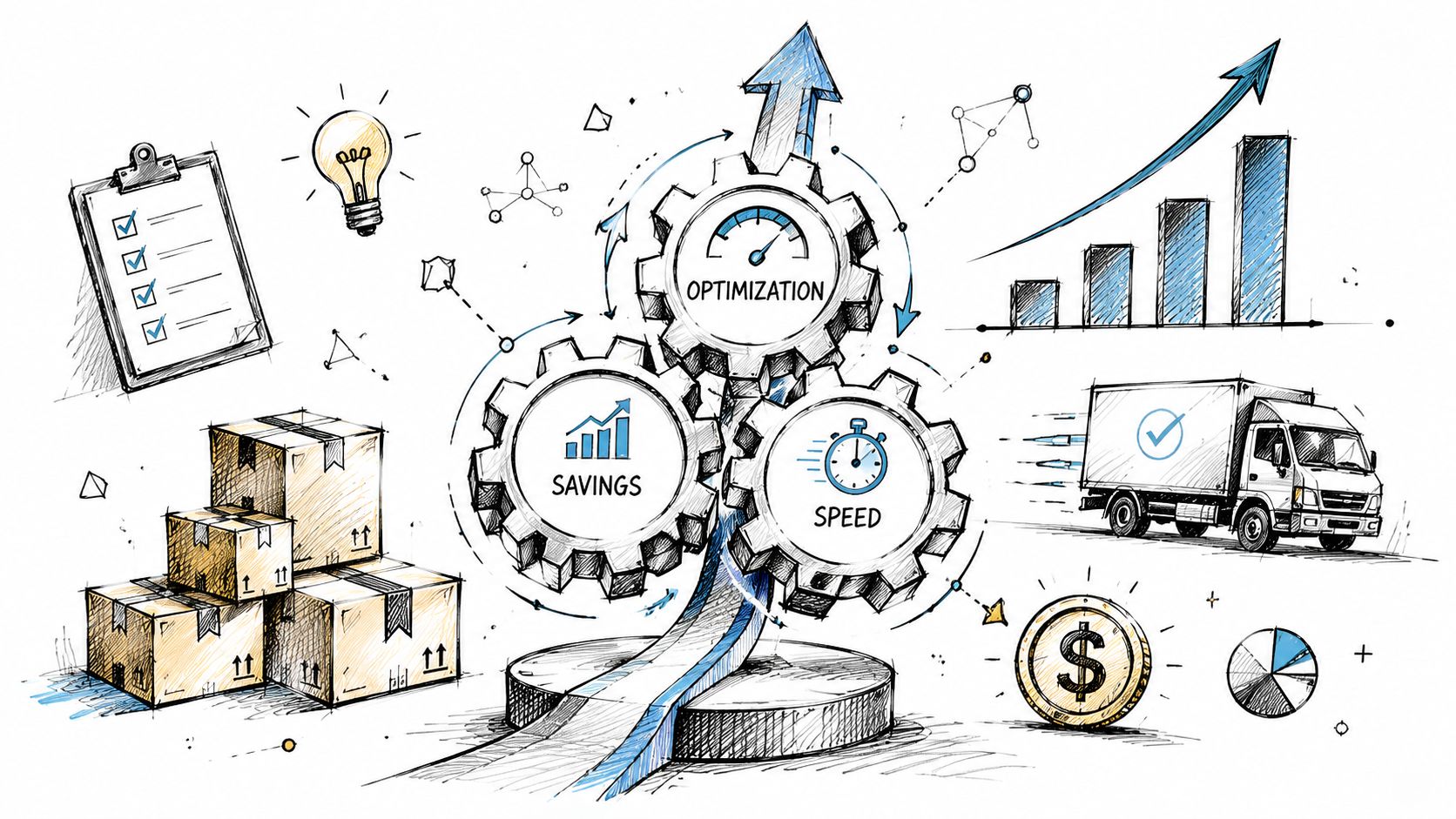 An infographic illustration showing logistics concepts like optimization, savings, and speed with gears, packages, and shipping.