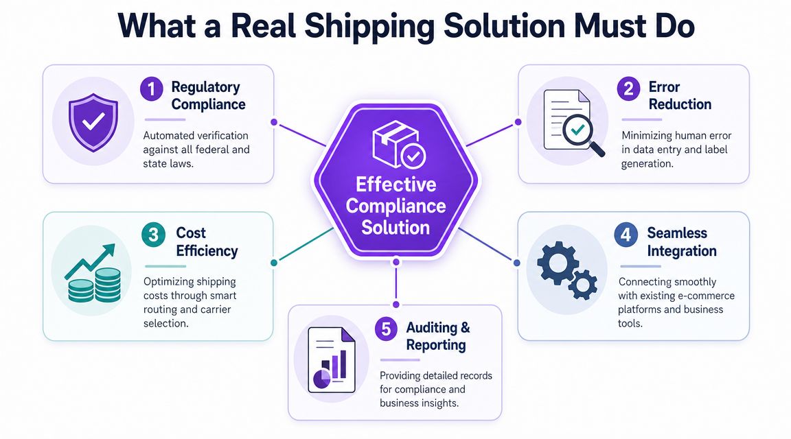 A diagram outlining five key requirements for an effective, compliant shipping solution for small businesses.