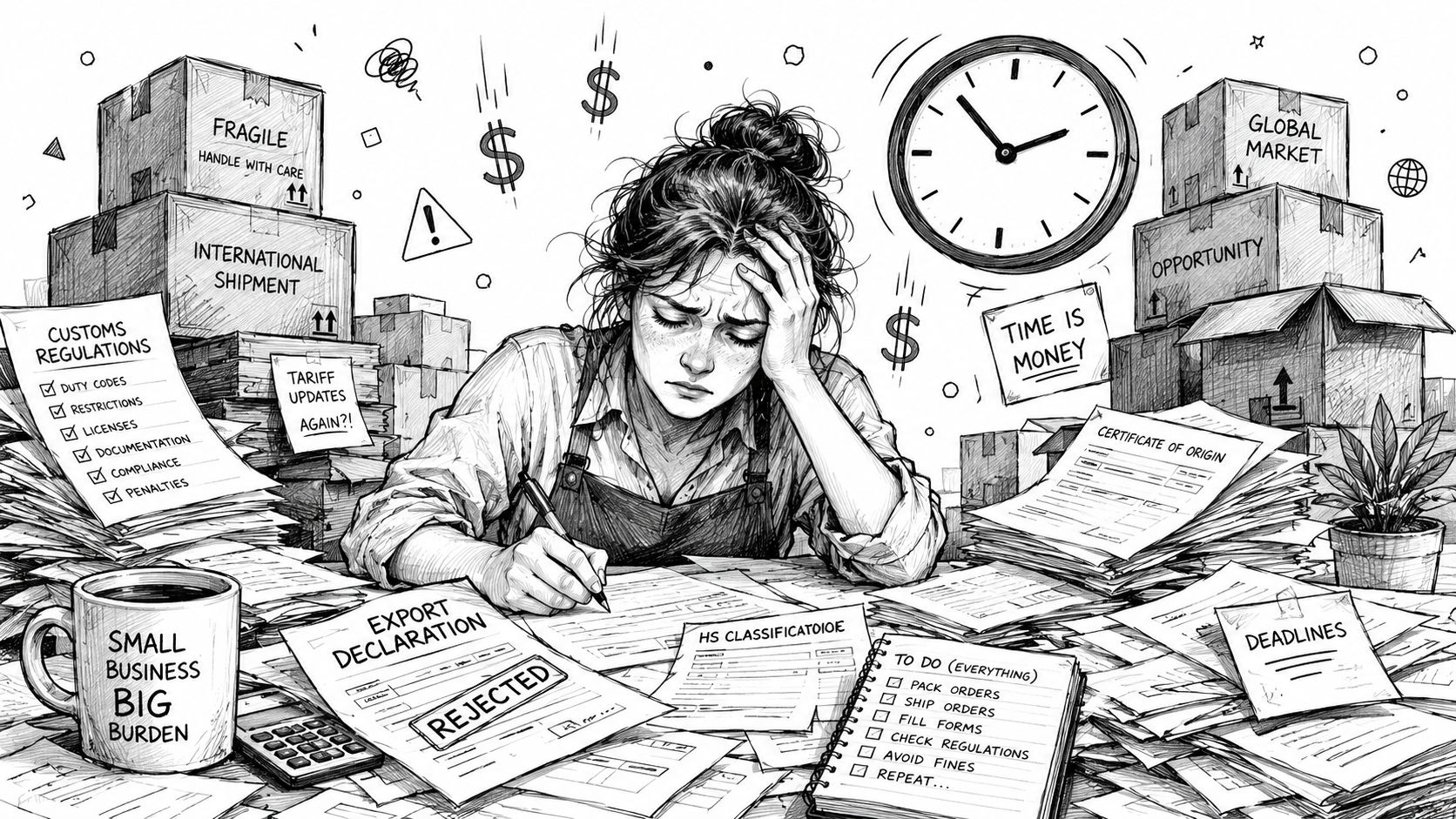 A stressed woman buried under paperwork and export documentation in a disorganized, overwhelmed office environment.
