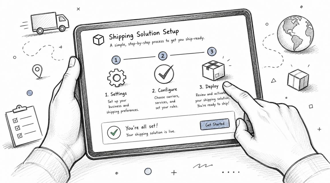 A digital tablet screen displaying a three-step shipping solution setup process being navigated by a user.